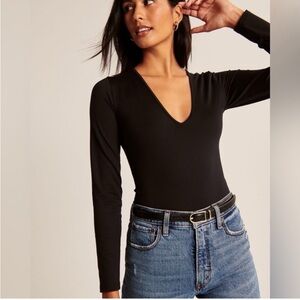 Abercrombie and Fitch Women's Black Deep V-Neck Ribbed Bodysuit Size Large